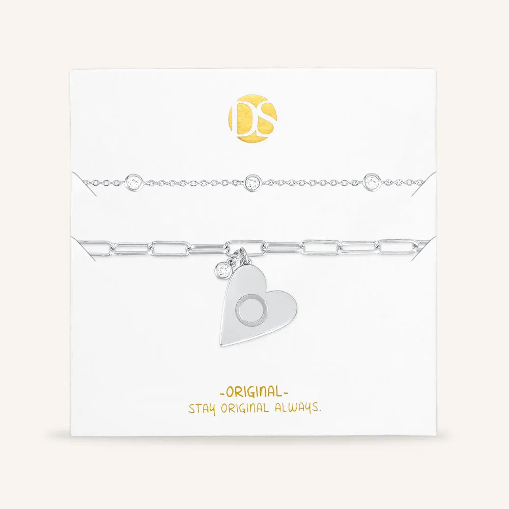 "Initial This" Set of Two Initial Heart & Stationed Layering Bracelets