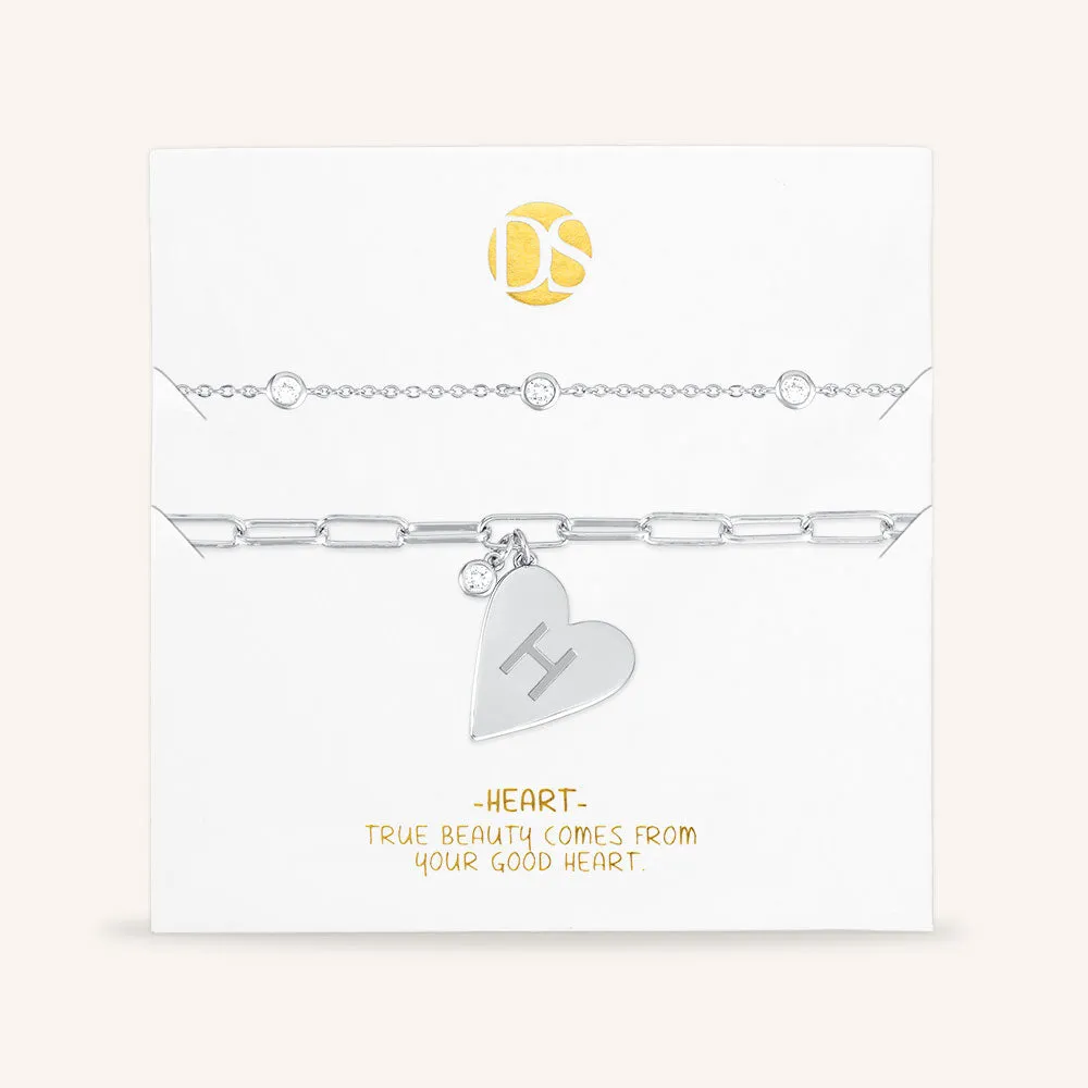 "Initial This" Set of Two Initial Heart & Stationed Layering Bracelets