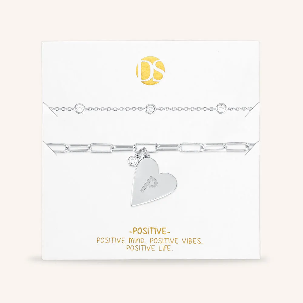 "Initial This" Set of Two Initial Heart & Stationed Layering Bracelets