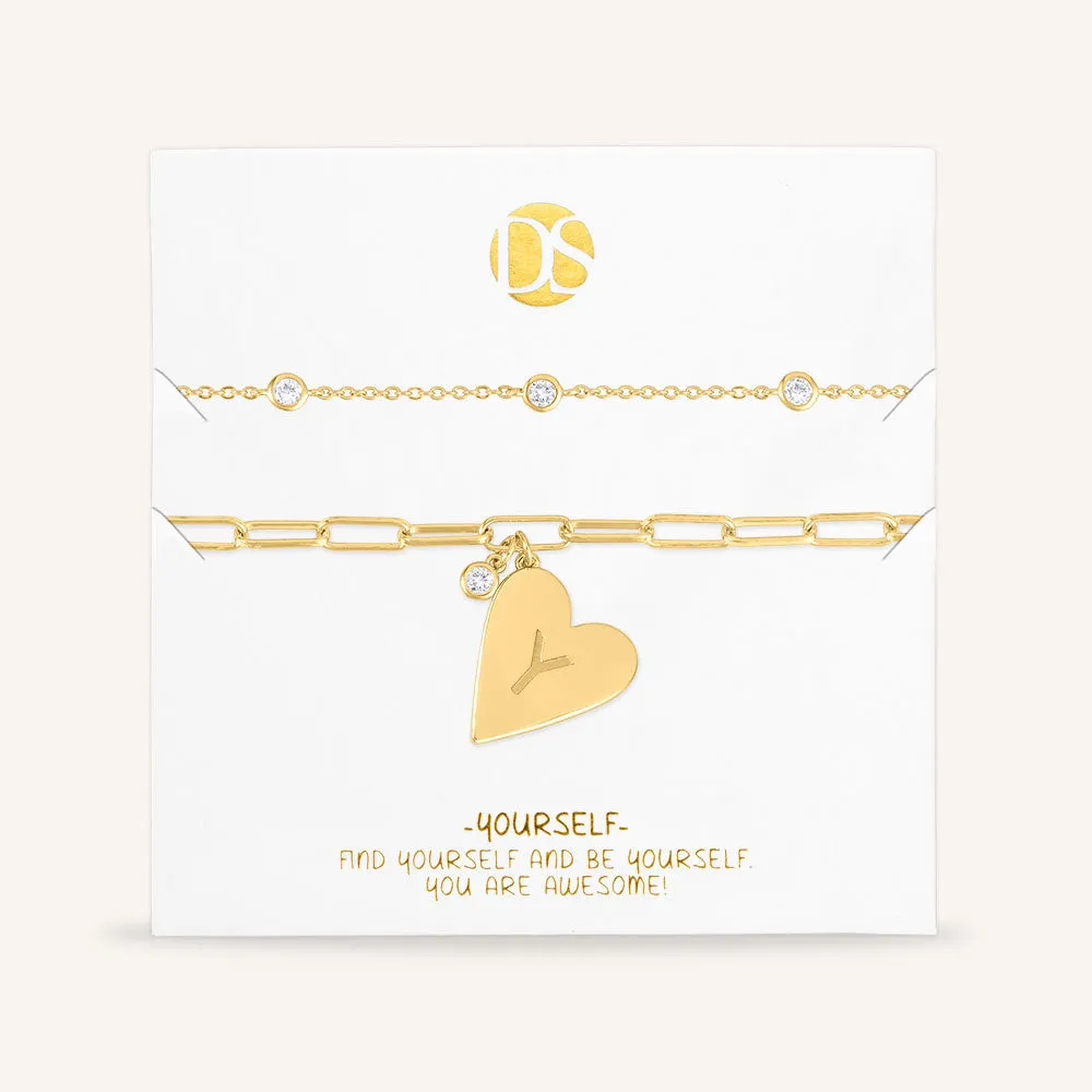 "Initial This" Set of Two Initial Heart & Stationed Layering Bracelets