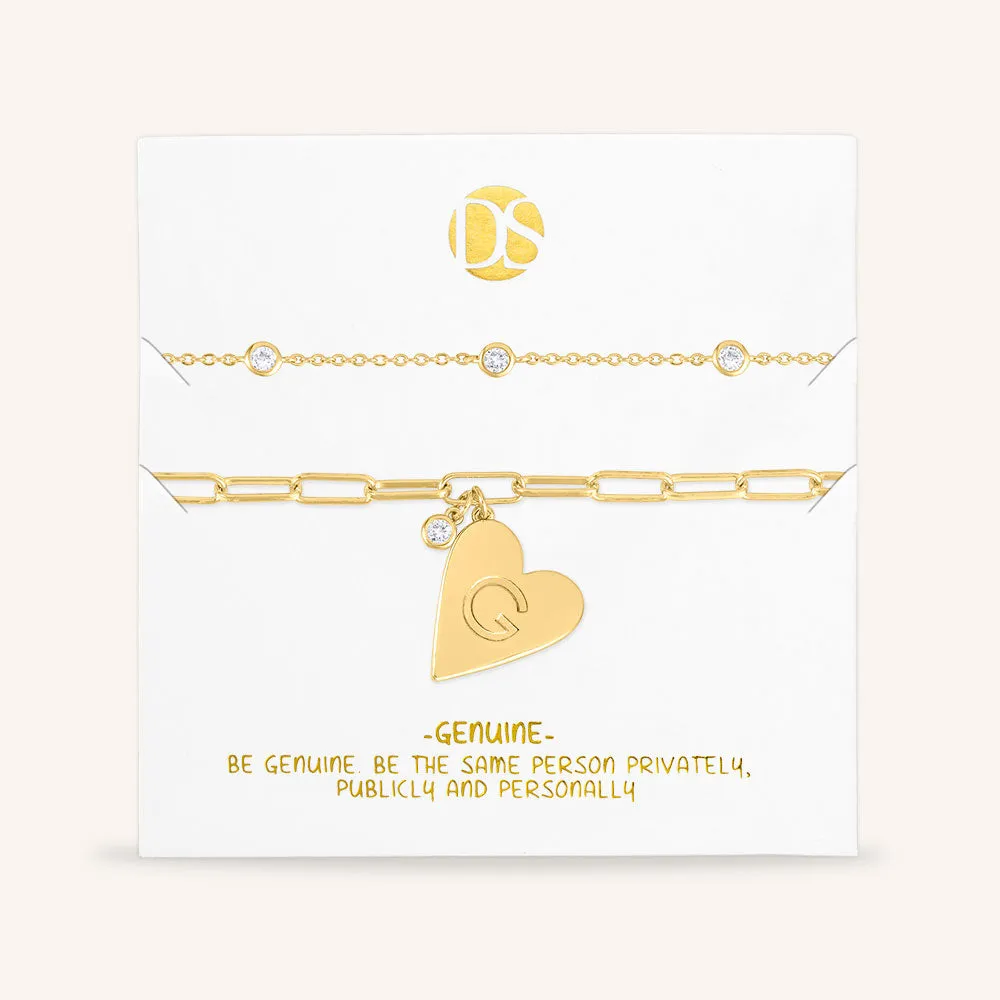 "Initial This" Set of Two Initial Heart & Stationed Layering Bracelets