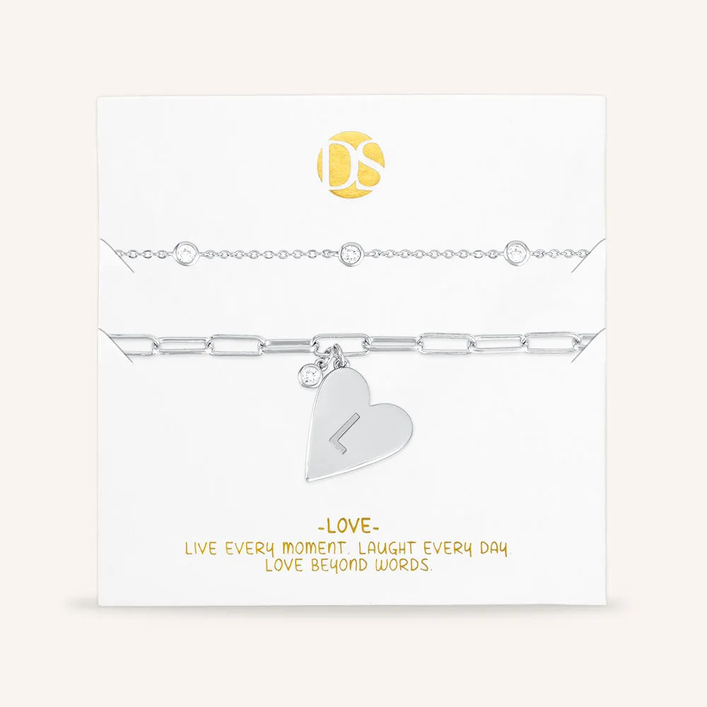 "Initial This" Set of Two Initial Heart & Stationed Layering Bracelets