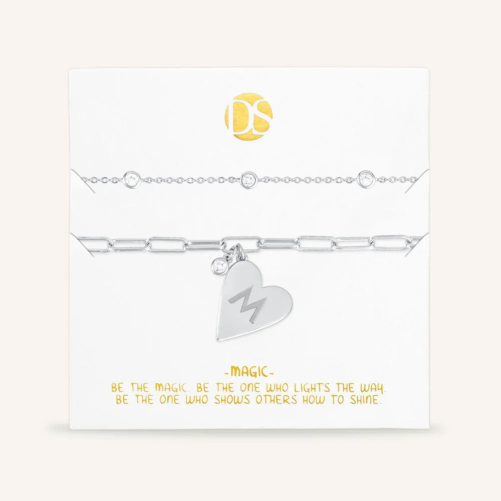 "Initial This" Set of Two Initial Heart & Stationed Layering Bracelets
