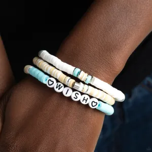 "Matriarchal Melody" Tan, Blue and White Discs Featuring "WISH" Stretch Bracelets Set of 3
