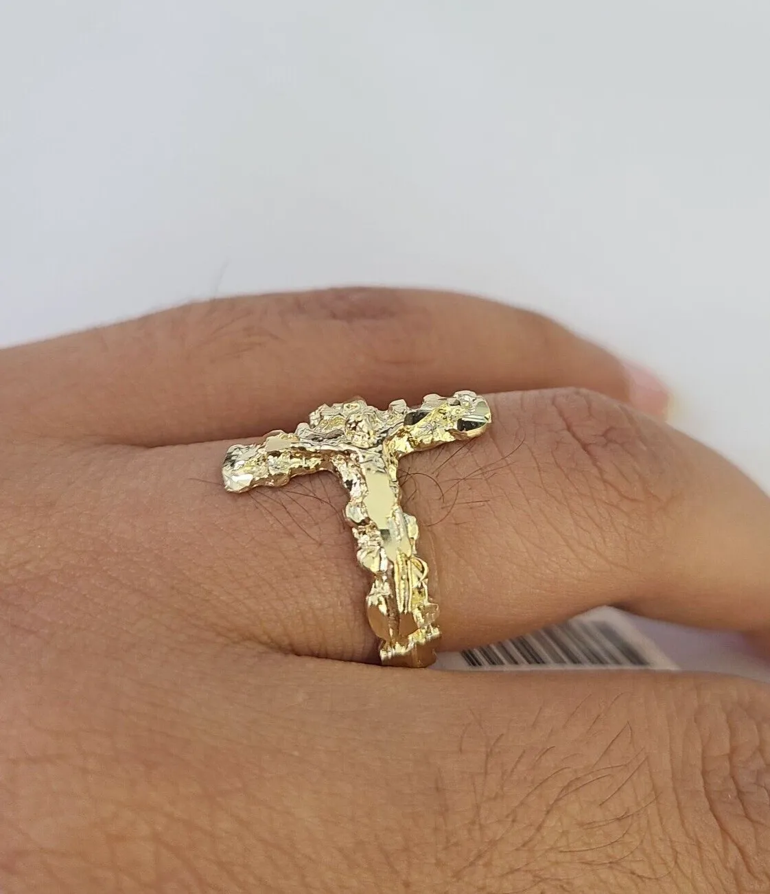 REAL 10K Gold Jesus Cross Nugget Ring Band Style Rings 10Kt Yellow