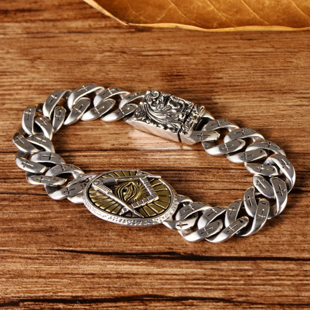 Real Solid 925 Sterling Silver Bracelets Cuban Link Eye Cross Punk Jewelry 7.5"