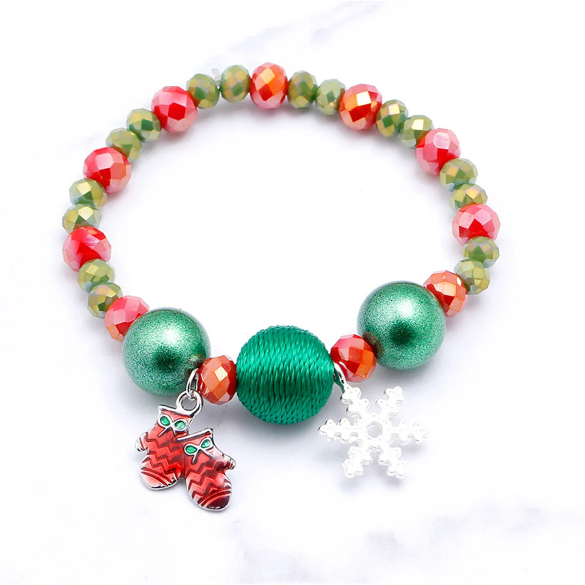Red Acrylic & Silver-Plated Beaded Mittens Snowflake Stretch Bracelet