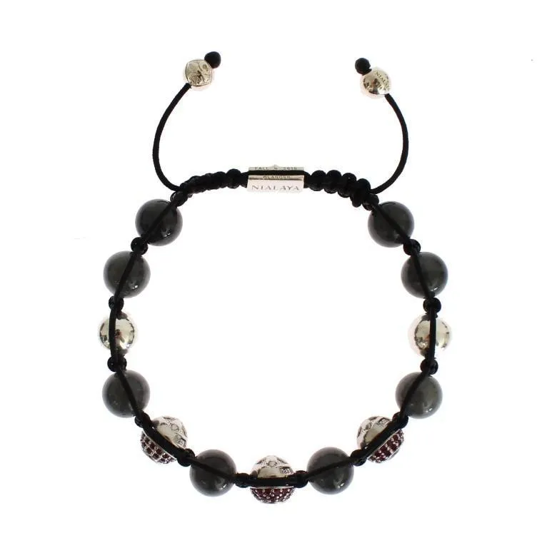 Red CZ Gray Agate 925 Silver Bracelet