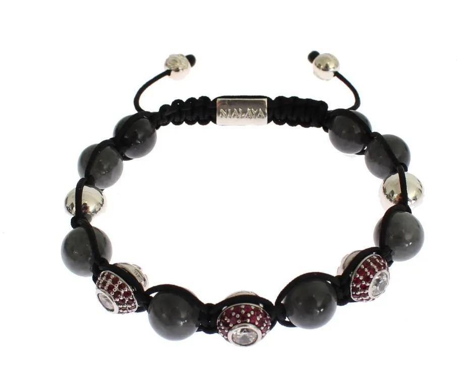 Red CZ Gray Agate 925 Silver Bracelet