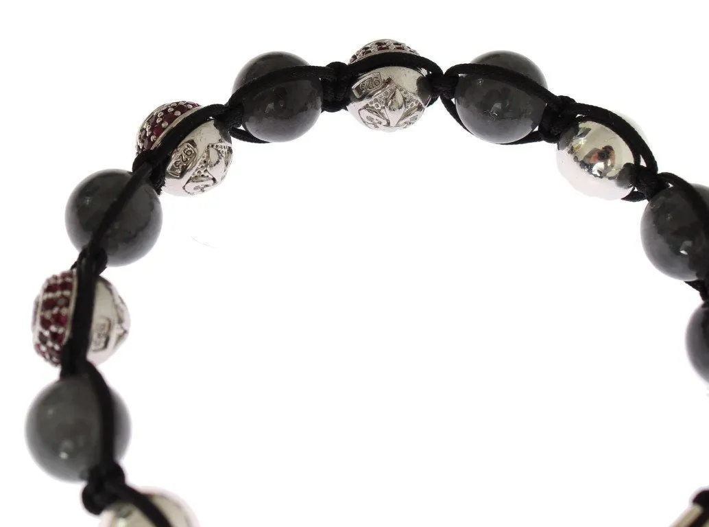 Red CZ Gray Agate 925 Silver Bracelet