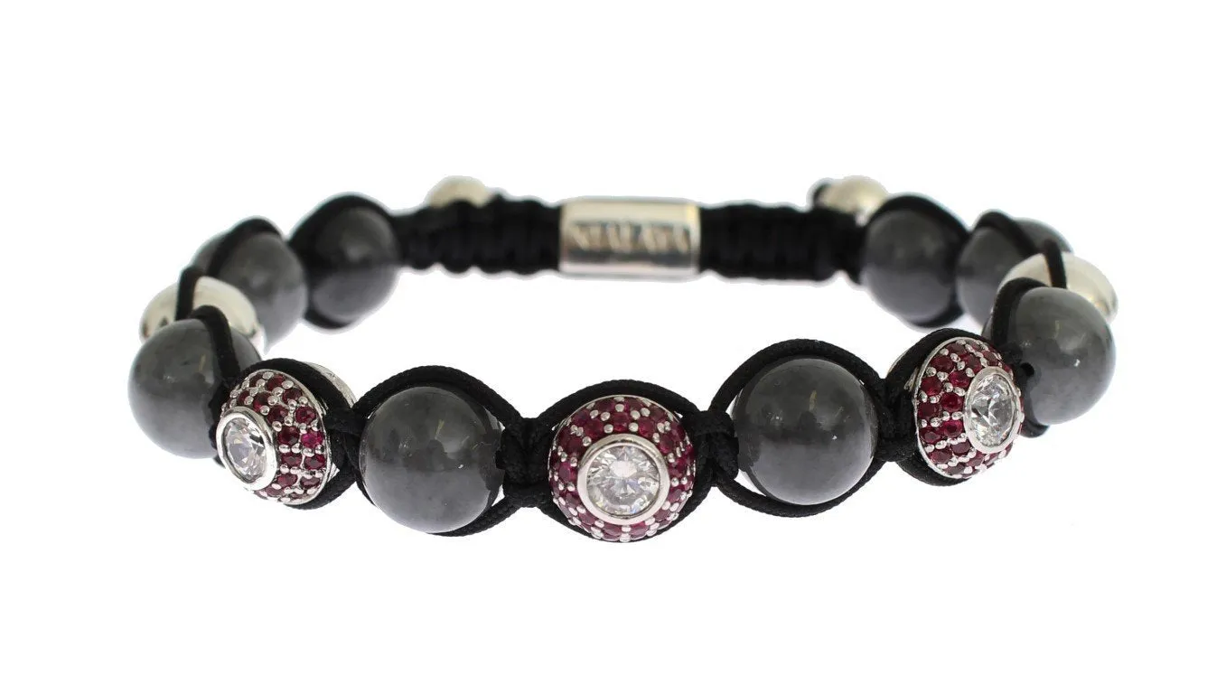 Red CZ Gray Agate 925 Silver Bracelet
