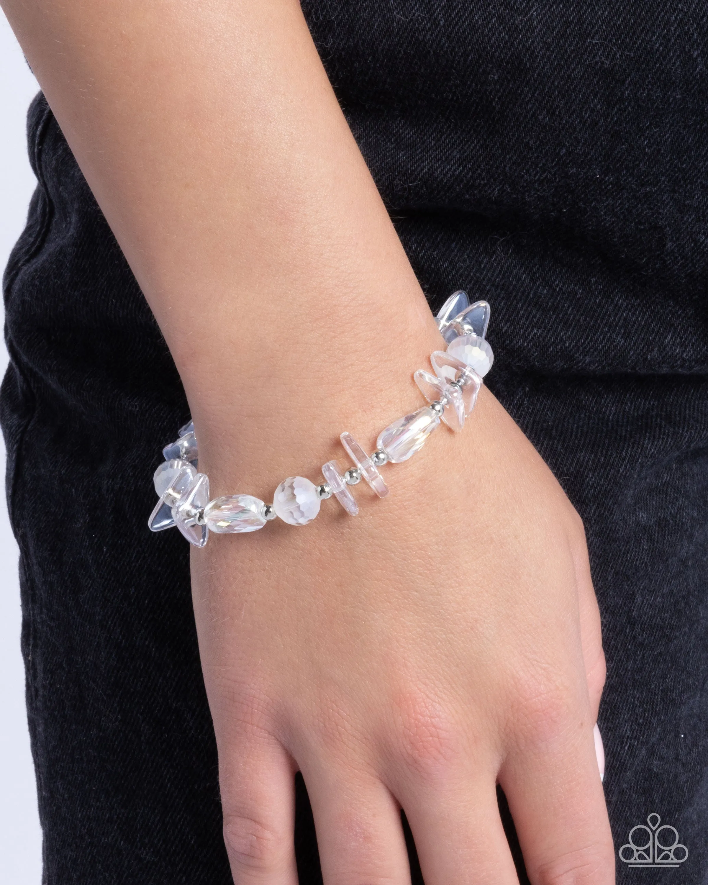 Reflective Ritardando - White - Iridescent and Silver Bead Paparazzi Stretchy Bracelet