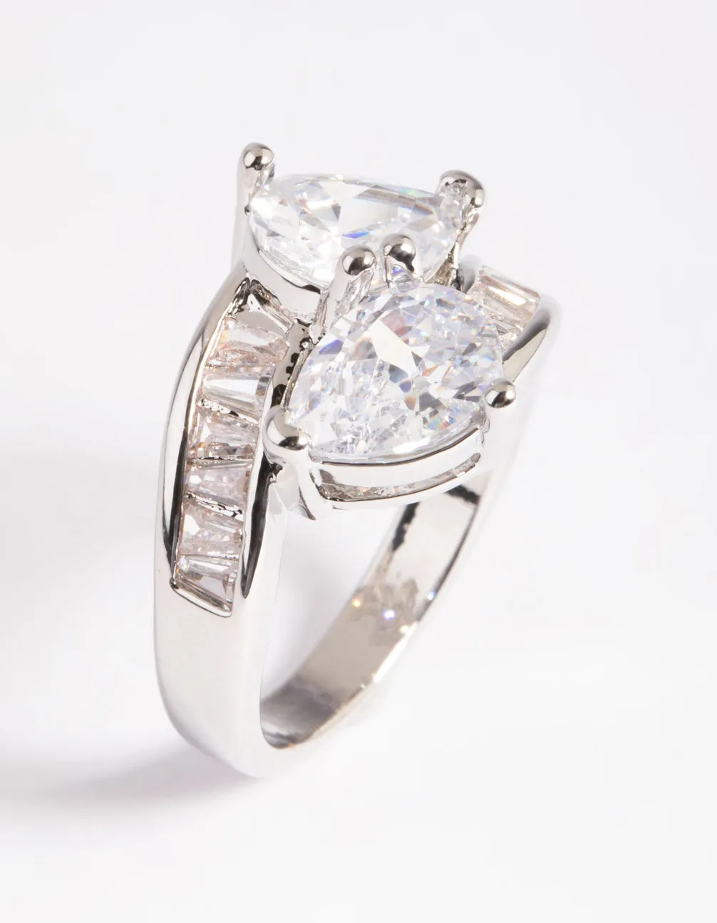 Rhodium Cubic Zirconia Pear Cross Over Ring