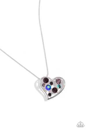Romantic Recognition - Purple - and Iridescent Rhinestone Silver Heart Paparazzi Short Necklace