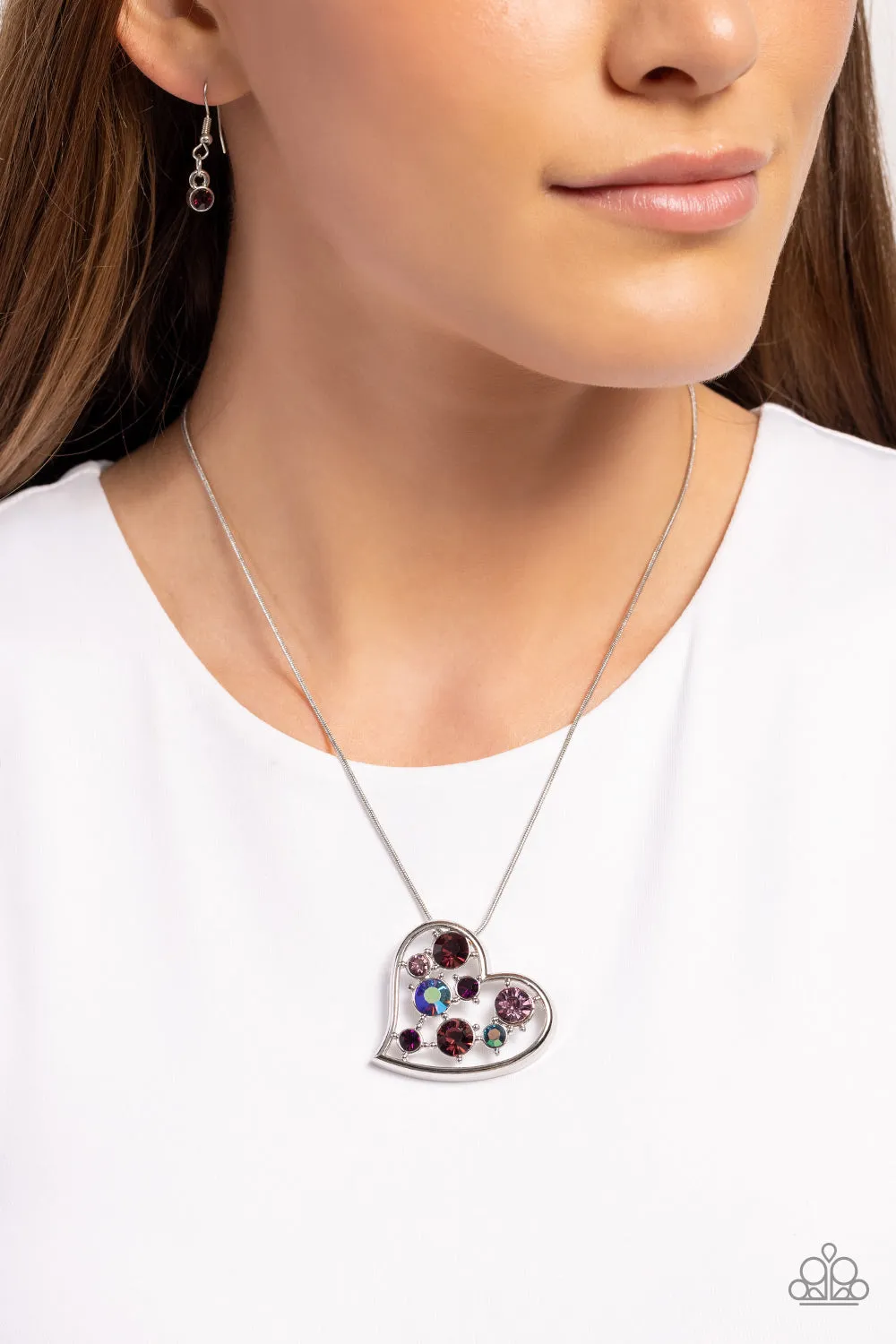 Romantic Recognition - Purple - and Iridescent Rhinestone Silver Heart Paparazzi Short Necklace