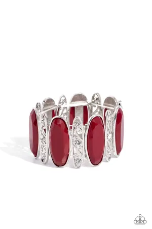 Saturated Sparkle - Red - Oval Wine Bead Silver Filigree Paparazzi Stretchy Bracelet