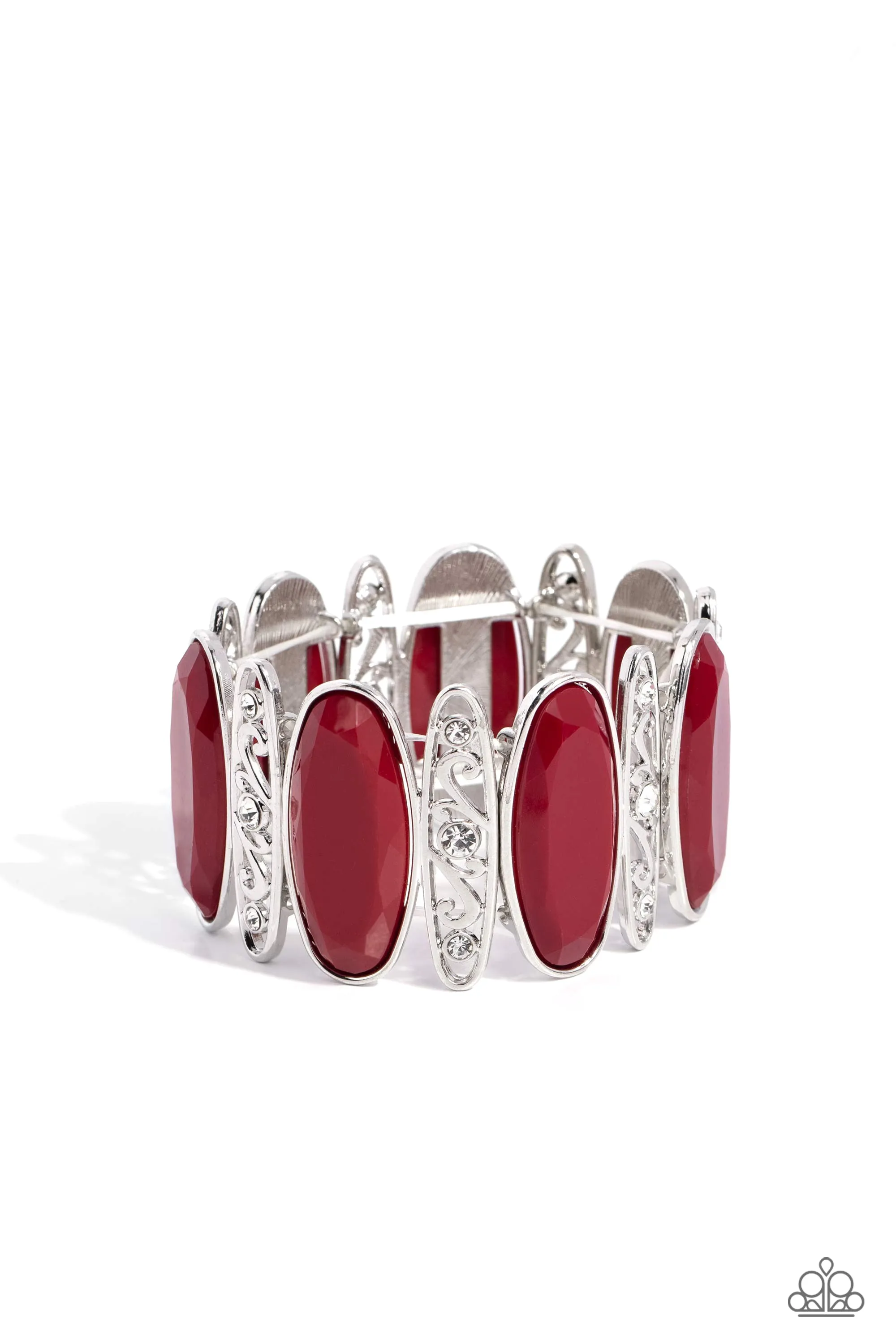 Saturated Sparkle - Red - Oval Wine Bead Silver Filigree Paparazzi Stretchy Bracelet