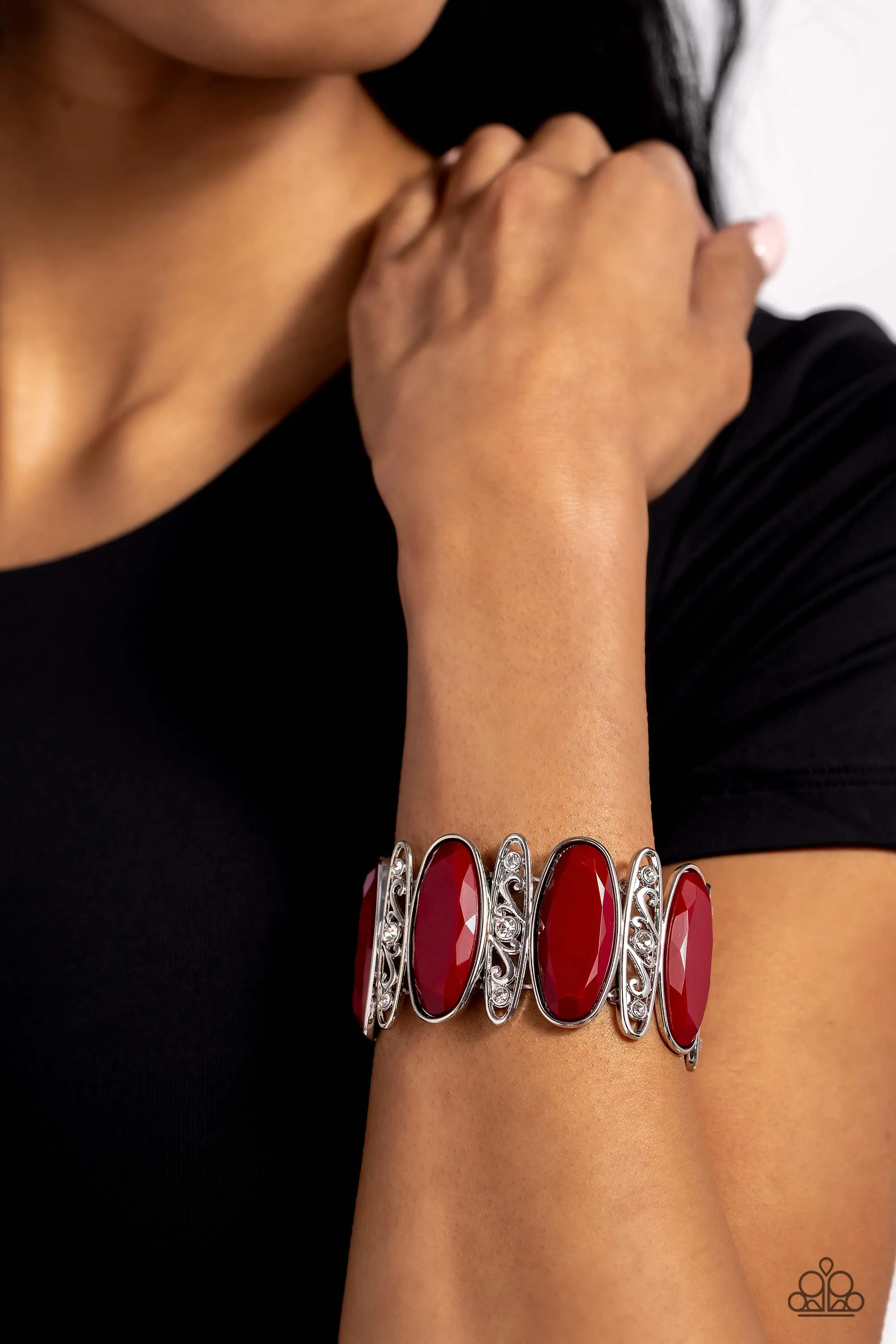 Saturated Sparkle - Red - Oval Wine Bead Silver Filigree Paparazzi Stretchy Bracelet