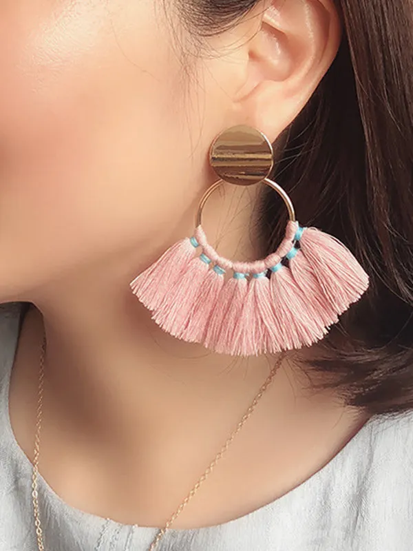 Semi-circular Fan-shaped Silk Cotton Tassel Big Earrings