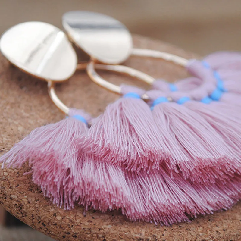 Semi-circular Fan-shaped Silk Cotton Tassel Big Earrings