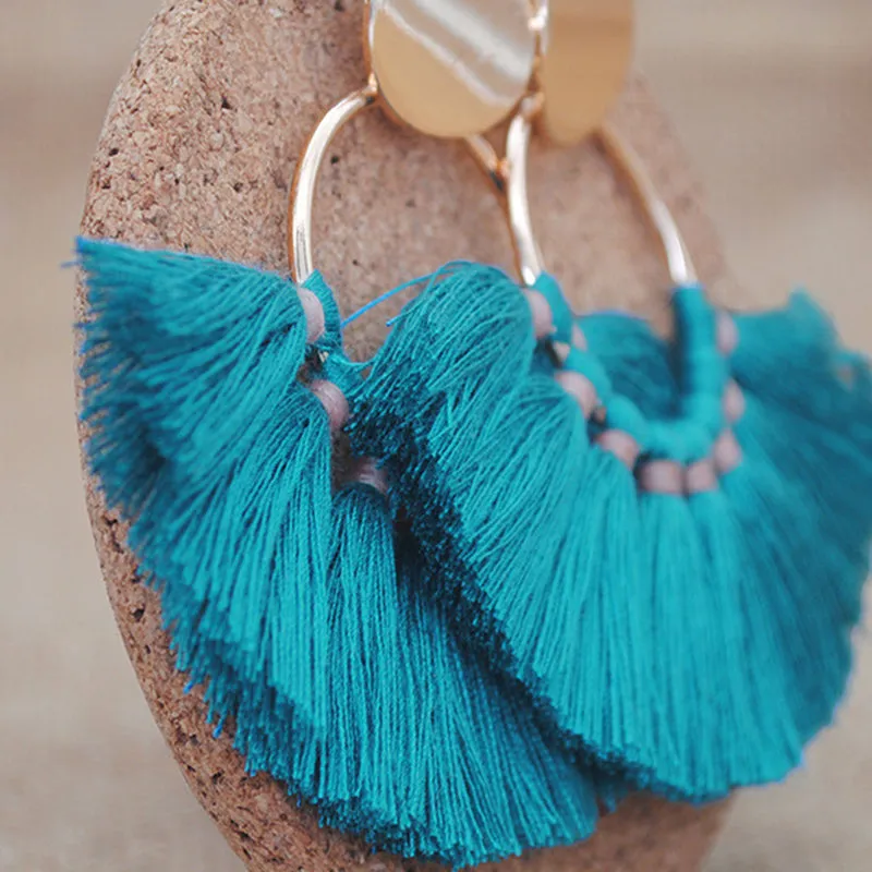 Semi-circular Fan-shaped Silk Cotton Tassel Big Earrings