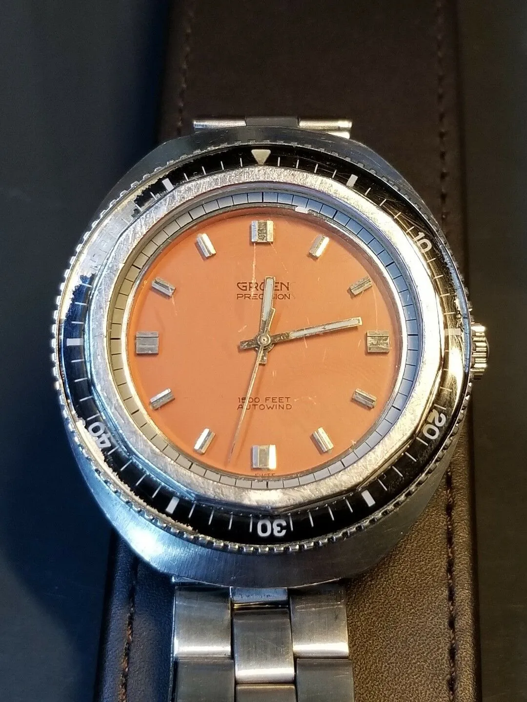 Serviced 70 's Vintage Gruen Precision Diving 1500 ft Diver Orange Dial Watch