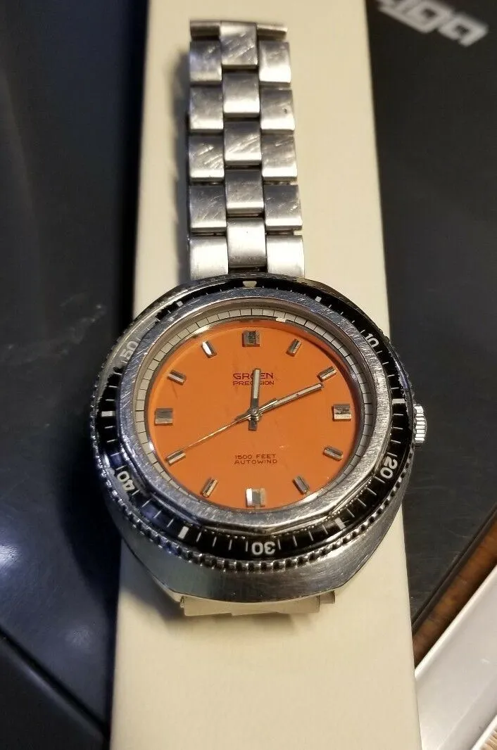 Serviced 70 's Vintage Gruen Precision Diving 1500 ft Diver Orange Dial Watch