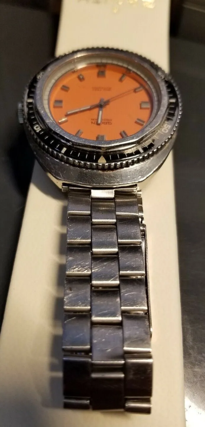 Serviced 70 's Vintage Gruen Precision Diving 1500 ft Diver Orange Dial Watch