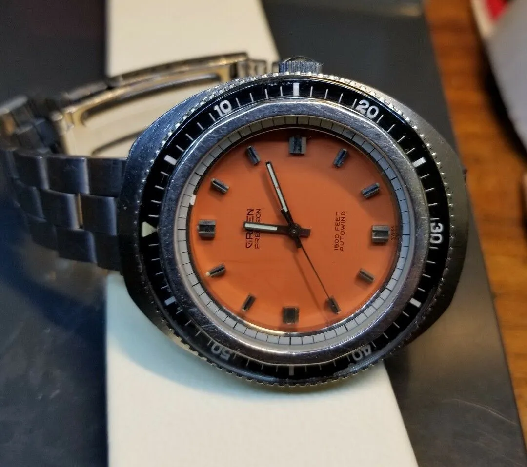 Serviced 70 's Vintage Gruen Precision Diving 1500 ft Diver Orange Dial Watch