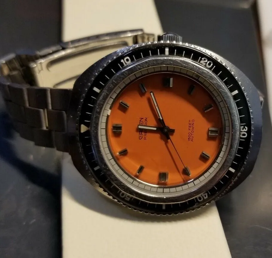 Serviced 70 's Vintage Gruen Precision Diving 1500 ft Diver Orange Dial Watch