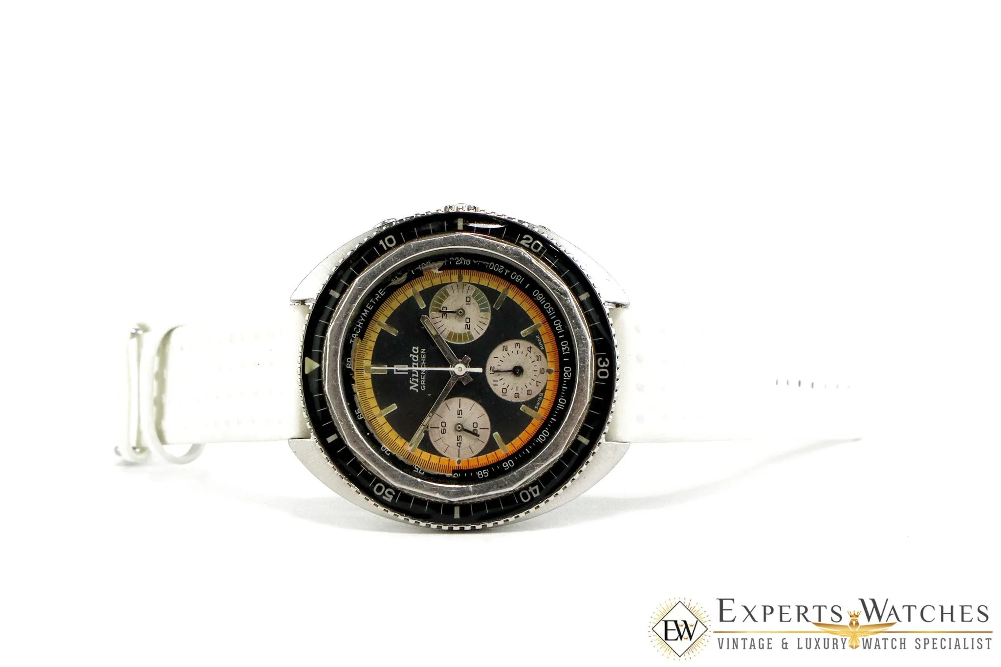 Serviced Vintage 1970's Nivada Panda Tropical Chronograph Super Diver Valjoux 72