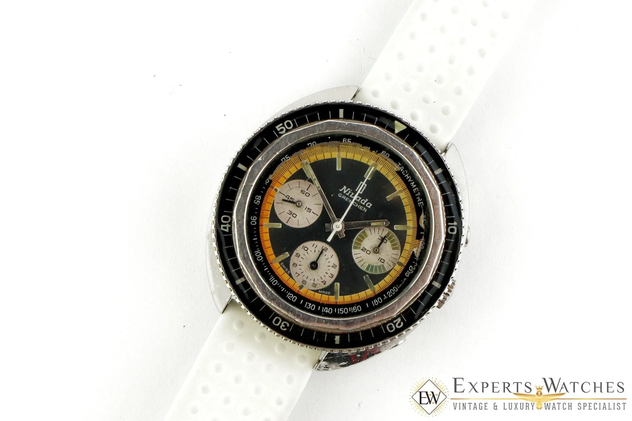 Serviced Vintage 1970's Nivada Panda Tropical Chronograph Super Diver Valjoux 72