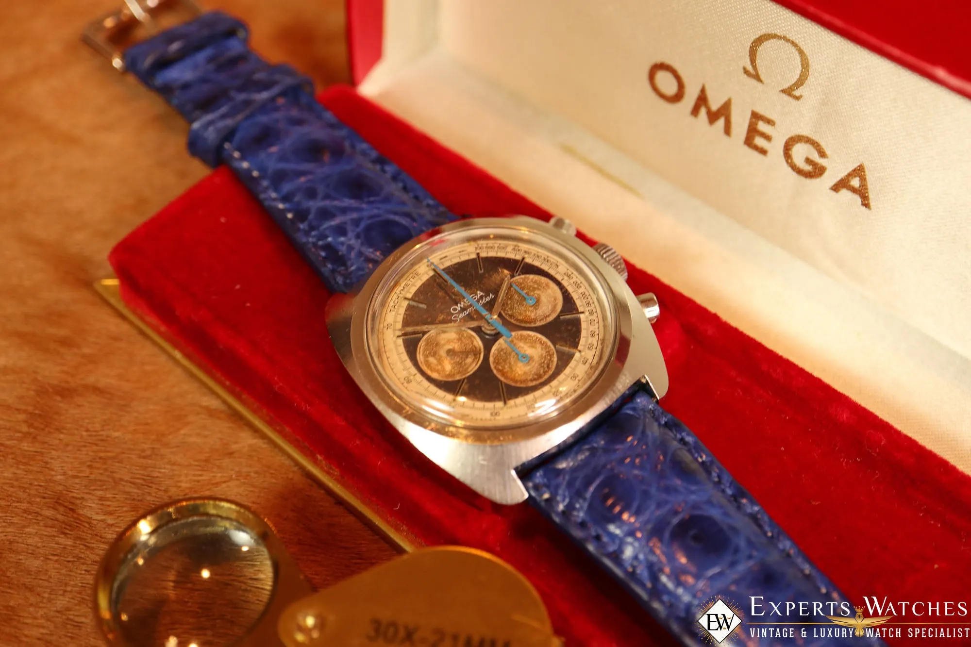 Serviced Vintage Omega SeaMaster 145.029 Blue Chronograph 1970 Cal 861 Watch Box