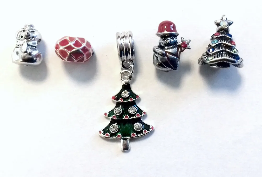 Set of 5 Silver Plated Christmas Themed Charms and Beads