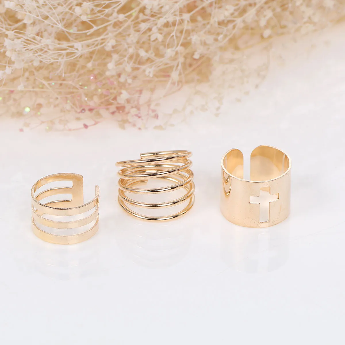 Sexy Sparkles Adjustable Women's Band Knuckle Midi Ring Set Gold Tone Cross & Stripes Pattern 1 Set(3pcs)