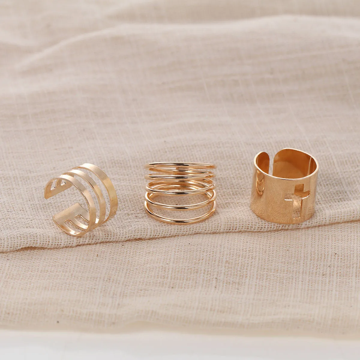 Sexy Sparkles Adjustable Women's Band Knuckle Midi Ring Set Gold Tone Cross & Stripes Pattern 1 Set(3pcs)