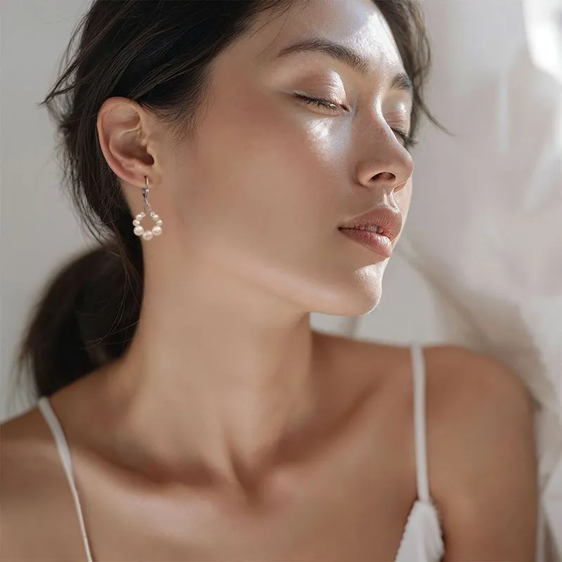 Silver Circular Earrings with White Pearl Beads