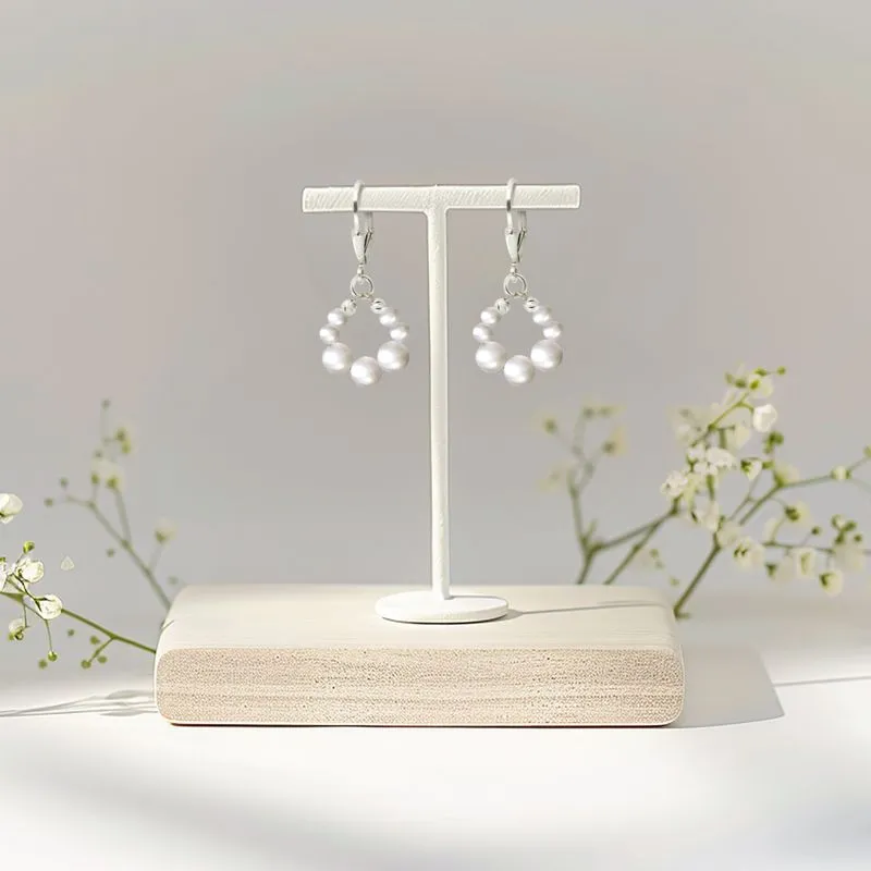 Silver Circular Earrings with White Pearl Beads