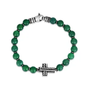 Silver Cross & Green Agate Bead Bracelet