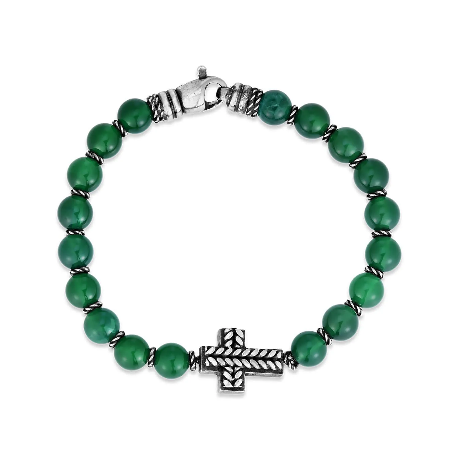 Silver Cross & Green Agate Bead Bracelet