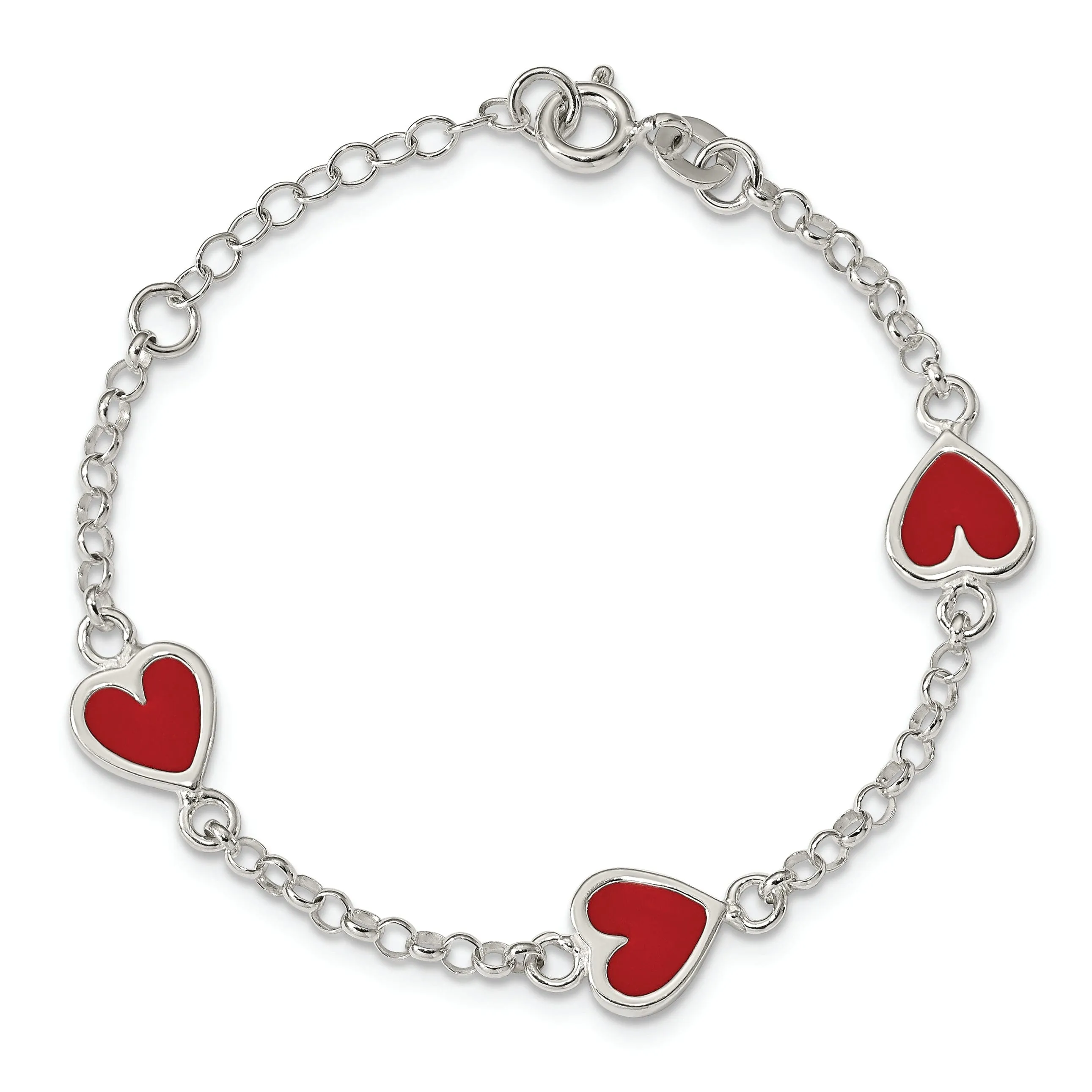 Silver Polished Enamel Red Heart Child Bracelet