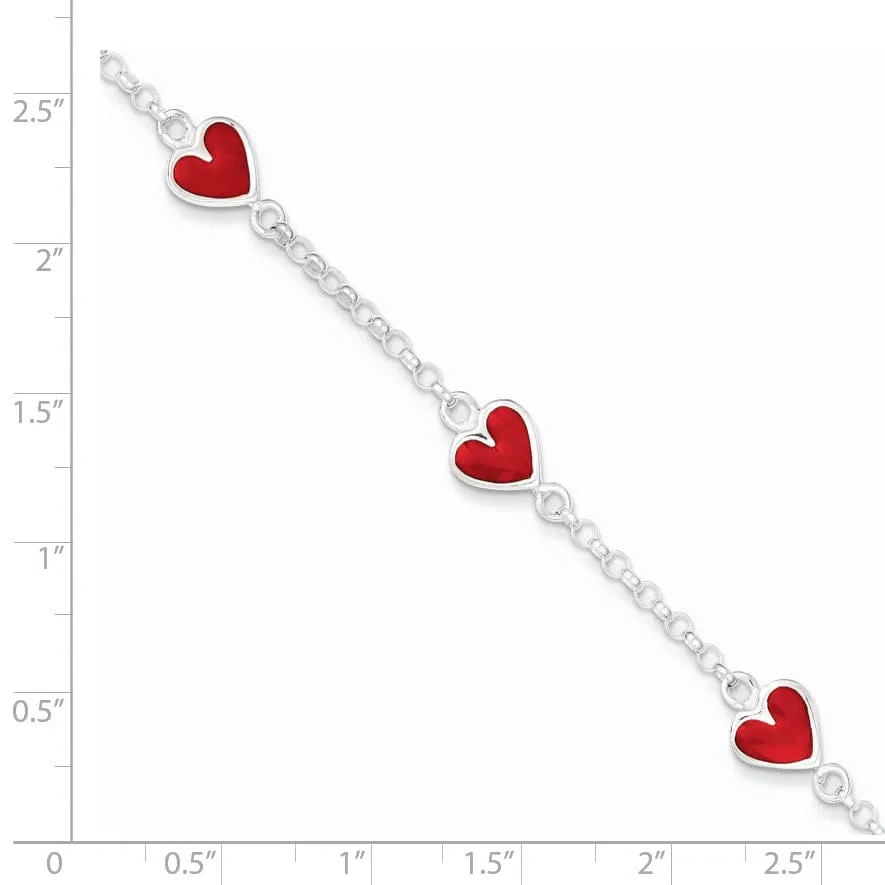Silver Polished Enamel Red Heart Child Bracelet
