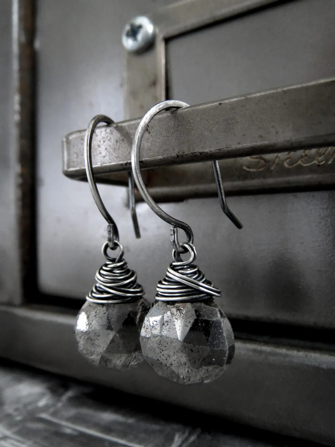 Silver Pyrite Gemstone Teardrop Earrings with Wire Wrap