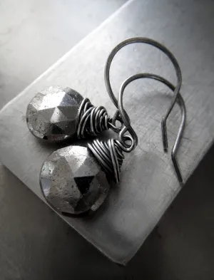 Silver Pyrite Gemstone Teardrop Earrings with Wire Wrap
