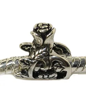 Silver Tone Tall Rose Flower Charm European Bead Compatible for Most European Snake Chain Bracelet
