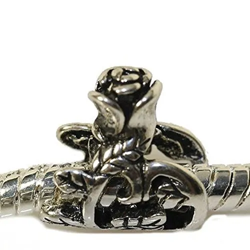 Silver Tone Tall Rose Flower Charm European Bead Compatible for Most European Snake Chain Bracelet