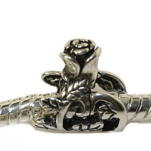 Silver Tone Tall Rose Flower Charm European Bead Compatible for Most European Snake Chain Bracelet