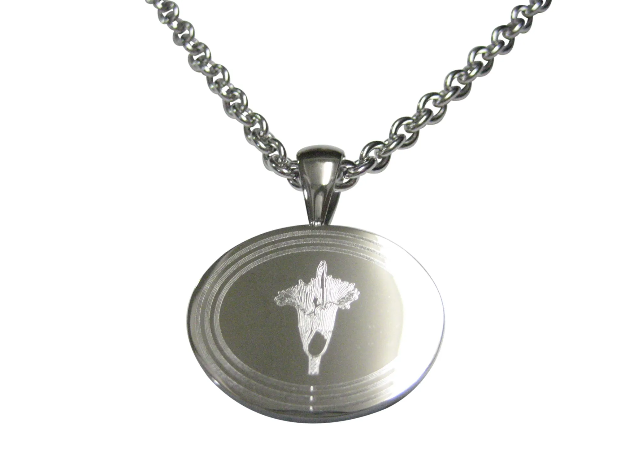 Silver Toned Etched Oval Titan Arum Corpse Flower Carnivorous Plant Pendant Necklace