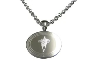 Silver Toned Etched Oval Titan Arum Corpse Flower Carnivorous Plant Pendant Necklace
