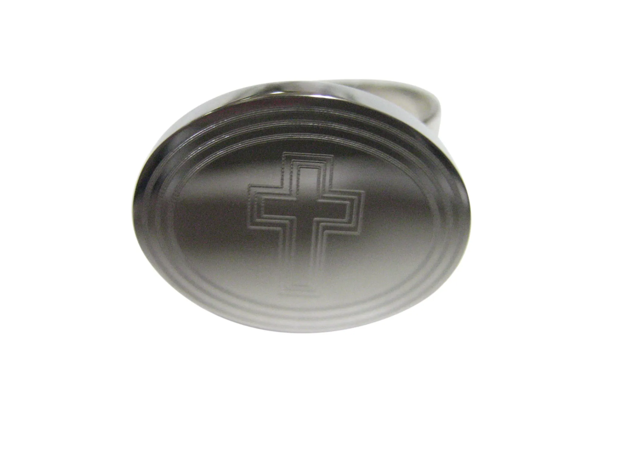 Silver Toned Etched Oval Triple Religious Cross Adjustable Size Fashion Ring